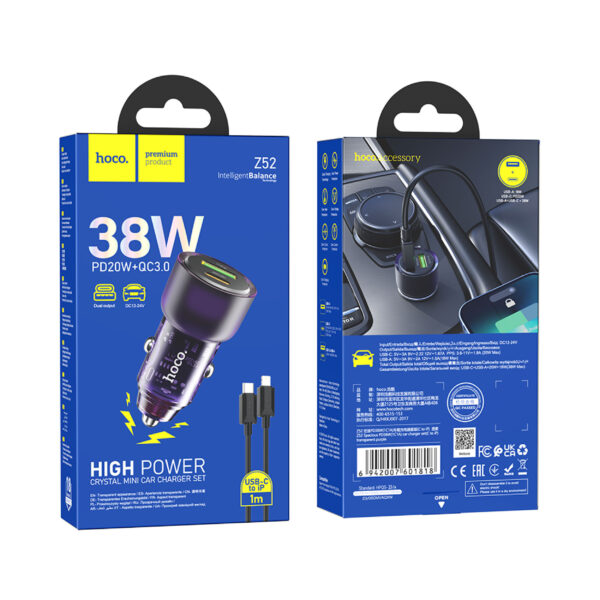 Hoco Z52 Spacious PD38W Car Charger Set + Type C to iP 1m